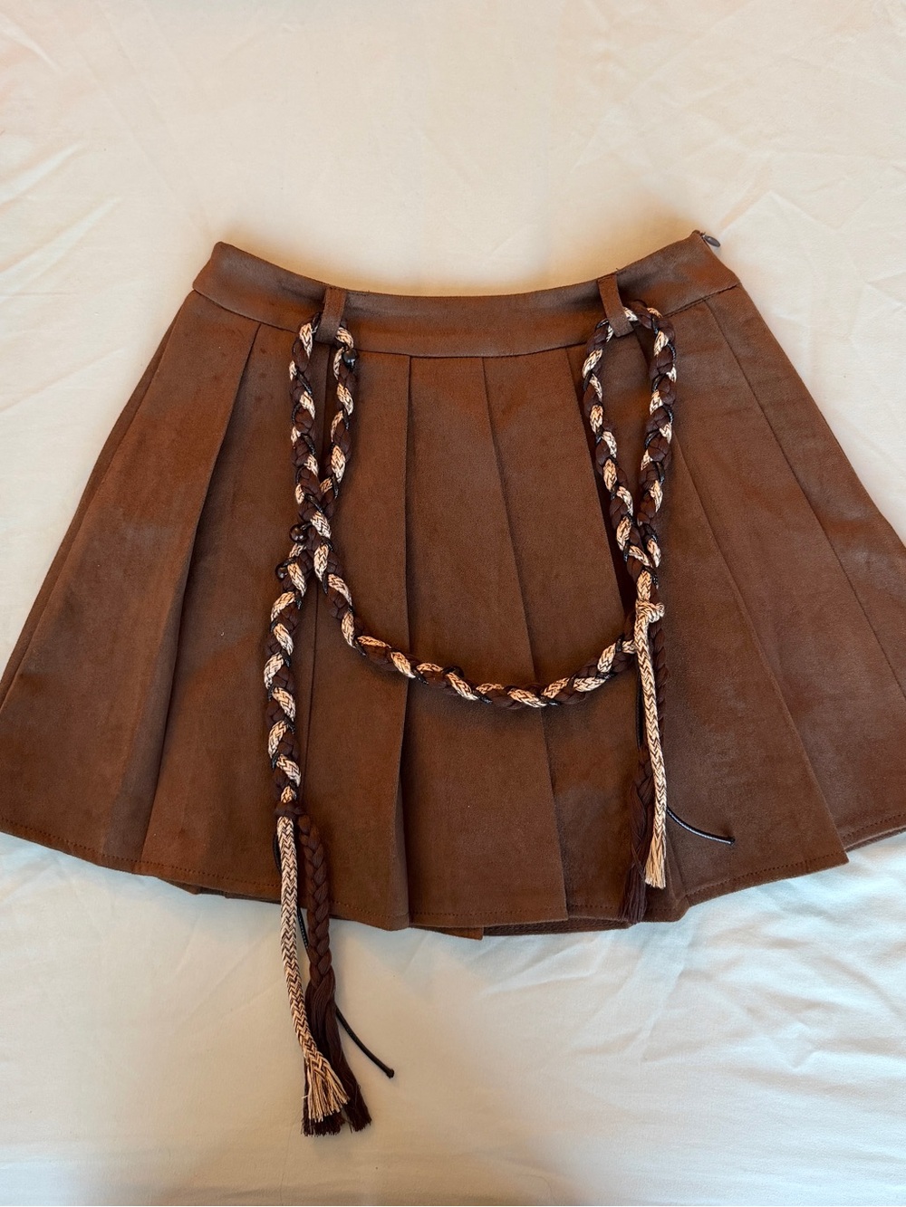 Brown Pleated Suede Mini Skirt with Braided Belt